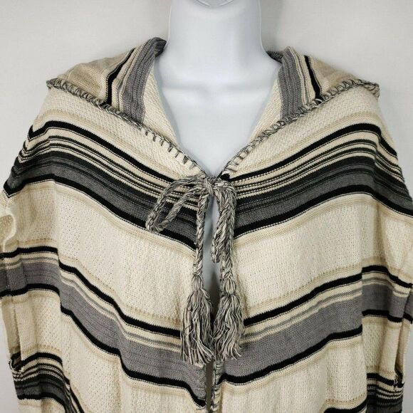 Anthropologie Moth Calexico Hooded Fringed Beige Striped Poncho Beige Sz XS S - Picture 1 of 9